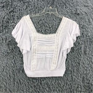 Miss Chievous Blouse Womens Small Lace Accents Flutter Sleeves White Top